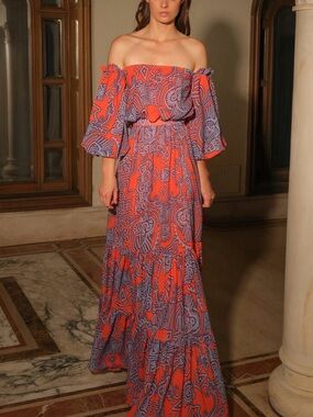 Andres otalora TIKUNA OFF-THE-SHOULDER CHIFFON MAXI DRESS IN PRINT NWT Size M